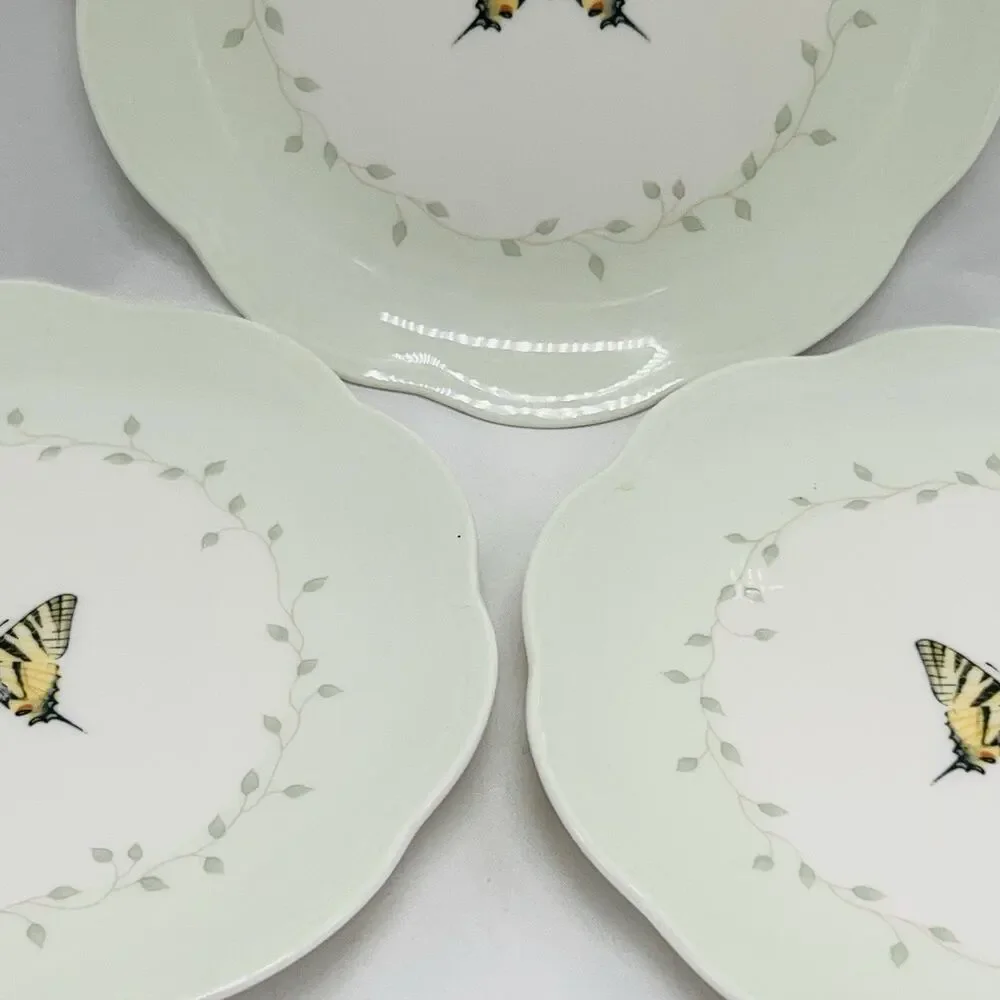 3 Lenox Butterfly Meadow Scallop Round Dessert Lunch Salad Plates Green‎ 8” Set
